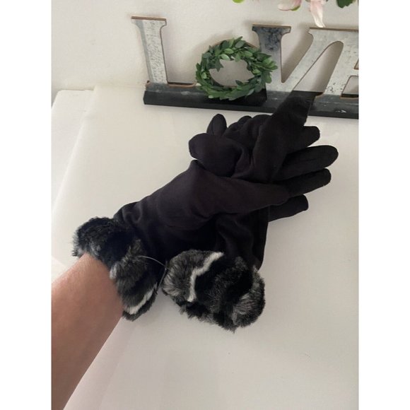 Vintage XS  Women's Faux Fur‎ Trim Gloves Winter Warm Black Gray Animal Print 2 - Picture 12 of 16